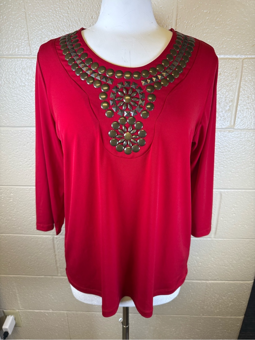 Women’s Red Embellished Scoop Neck Long Sleeve Top